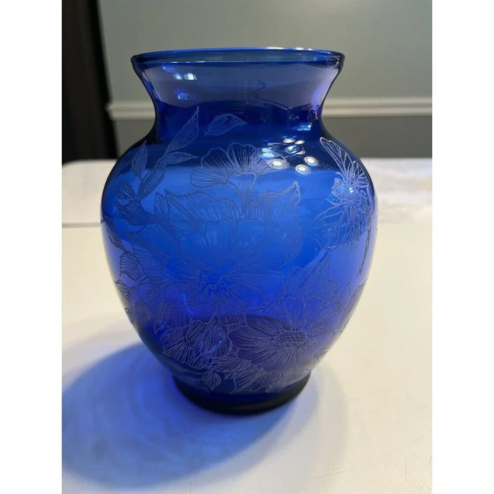 Hand Painted Floral Dragonfly Blue Glass Vase Artist Signed S Conrad